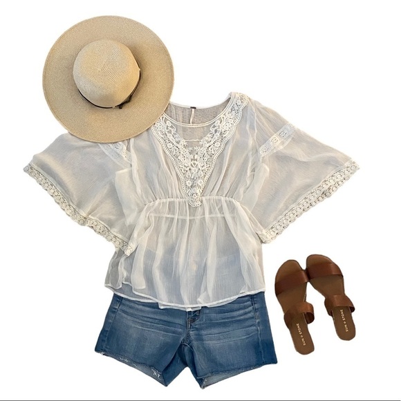 Free PEOPLE Off-White Sheer Boho Lace Blouse Women SP Small Petite - Picture 1 of 6